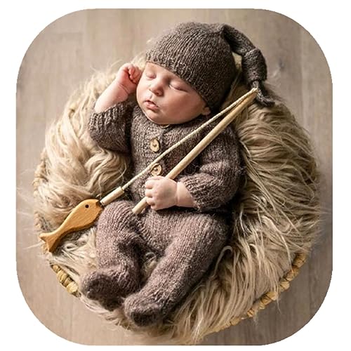 Newborn Photography Prop Baby Boys Girls Photoshoot Outfits Newborn Photo Knitted Romper Sleepy Hat Picture Outfit - color: Brown