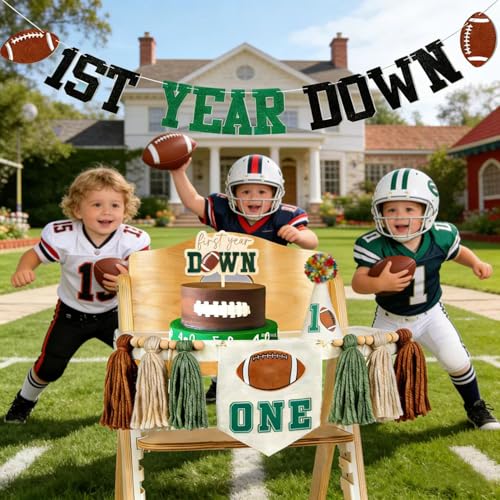 First Year Down Birthday Party Decorations-Felt First Year Down Highchair Banner, Football Themed 1st Birthday High Chair Banner, Cake Topper, Party Hat for Football 1st Birthday Party Supplies - color: Down