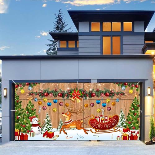 Rustic Christmas Garage Door Banner Cover Large Wood Texture Backdrop with Snowman Gifts Design Garage Door Decorative Banner Winter Indoor Outdoor Holiday Decor for House Party Wall Yard Background - color: A, size: 8X6