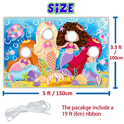 Mermaid Backdrop 5 x 3.3 ft, Mermaid Face in Hole Party Selfie Photo Prop, Mermaid Birthday Photography Background, Under The Sea Party Decoration Photo Booth Props Multicolor
