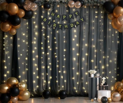 Black Sheer Backdrop Curtains with Lights String for Parties Birthday 10ft × 8ft Black Tulle Backdrop Curtain for Baby Shower Wedding Graduation Halloween Party Photo Shoot Decorations - color: Black, size: 10 ft X 8 ft(2 Panels 5ft X 8ft)