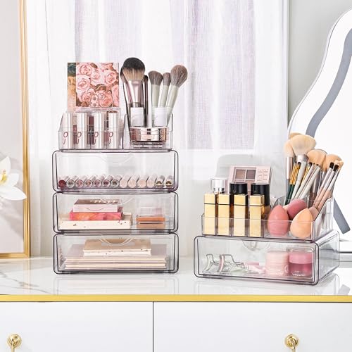 Vtopmart 3 Tier Clear Makeup Organizer with Drawer, Cosmetic Storage for Dresser Countertop and Bathroom Vanity, Beauty Holder for Lipstick Brush Skincare - style: 3 Tier