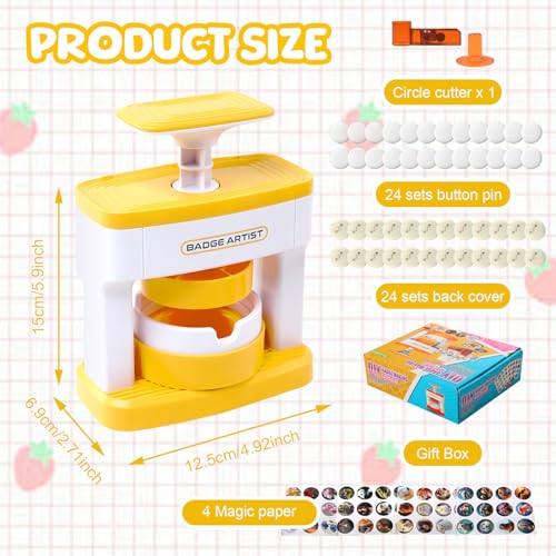 Yallmie Button Maker Machine, Pin Maker Machine Sturdy Button Press Kit, Pin Badge Maker Machine with 24Pcs Badge and 24 Pictures and Circle Cutter, Ideal DIY Kit (A Type) - color: Yellow