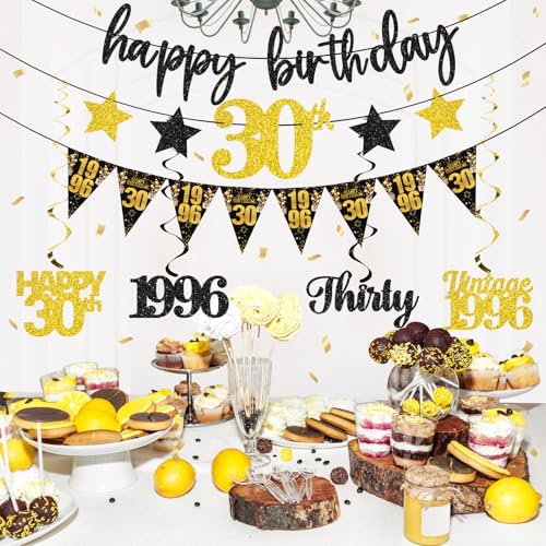 12PCS 30th Birthday Decorations for Her Him, Black Gold Vintage 1996 Happy 30th Birthday Banner Triangle Flag Banner Glitter Hanging Swirls Party Supplies Men Women, Cheers to 30 Years Old Bday Decor - style: Black Gold 30th