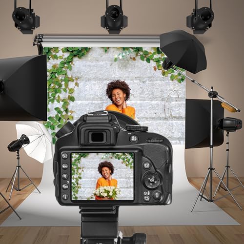 5x3ft Grey Brick Wall with Green Plants Backdrop Photography Spring Floral Wall Background Wedding Ceremony Kids Adults Portrait Wallpaper Birthday Wedding Online Video Background - color: grey, size: 5x3ft