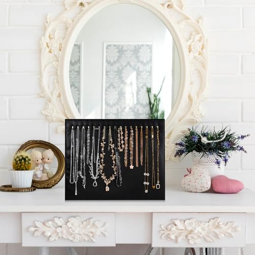 4 Pcs Black Jewelry Display Stands, Leather Necklace Organizer Boards with 17 Hooks for Selling, Shop Store Showcase, Chain Pendant Bracelet Storage