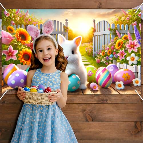 BlissYard Happy Easter Party Backdrop Banner Spring Easter Bunny Backdrop White Rabbit Colorful Easter Eggs Photography Background Floral Rabbit Easter Baby Shower Jesus Party Photo Props 71 x 43 - color: Easter Bunny#7