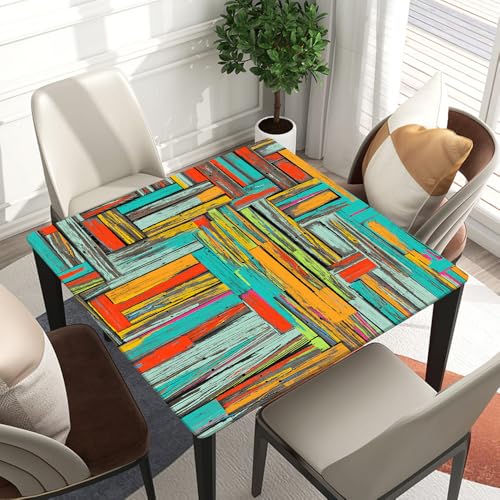 Square Fitted Table Cloth Elastic Edged, Vintage Colorful Wood Texture Background, Square Table Cover for Picnic, Banquet, Home Kitchen, Suit for 36"x36" Square Table - color: Wood Texture -1, size: 36" x 36" (Square)