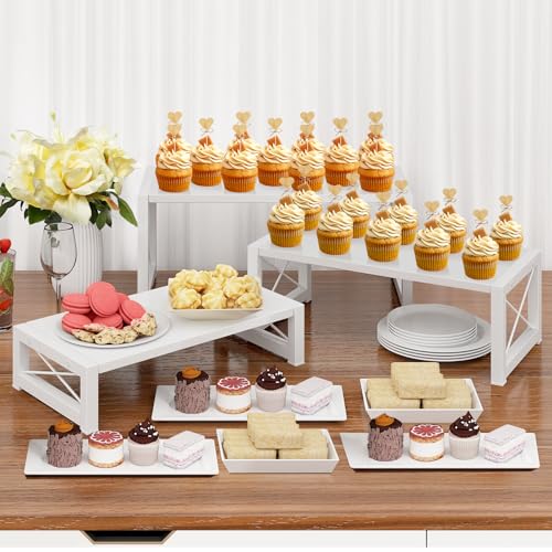 ELITEROO White 3-Tier Cupcake Stand & Wooden Display Riser, Dessert Stand for Cupcakes, Food, Perfume, Makeup, Dolls, Collectibles, Multi-Tiered Shelf Organizer for Market Vendors & Retail Display - color: White