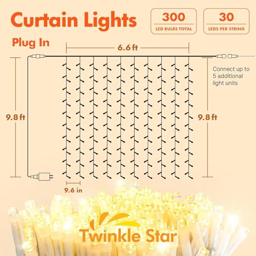 Twinkle Star 300 LED Window Fairy Curtain String Lights, 8 Modes Fairy Lights for Bedroom Wedding Party Home Garden Outdoor Indoor Wall Decorations, Warm White, 2 Pack - size: 300 LED-2PACK