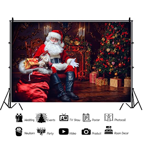 10x8FT Christmas Backdrop Santa Claus Christmas Tree Indoor Photography Background Winter Christmas Tree Gifts Decoration Backdrop Xmas Holiday Photo Props Booth Portrait Party Banner - size: 10x8