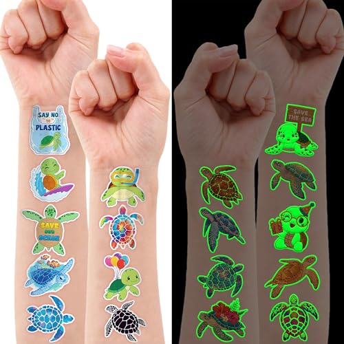 96 PCS Turtle Pre-Cut Luminous Glow in the dark Temporary Tattoos for Kids | Super Cute First Themed Birthday Party Favors Supplies Decorations, Fake Ocean Animal Tattoo Stickers Gifts for Boys Girls - color: Luminous