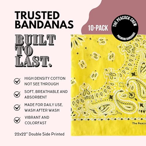 The Peacock Crew Premium Soft Cotton Bandanas Pack for Men and Women Paisley 22 x 22 inches - color: Pack of 10 Magic Yellow