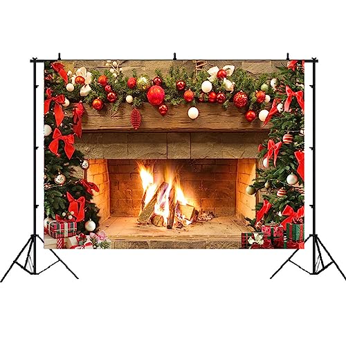Lofaris Christmas Fireplace Backdrop Winter Xmas Tree Colorful Festive Decorations Brick Backgrounds Interior Vintage Merry Christmas Eve Party Banner Decorations 7x5ft - size: 7x5ft