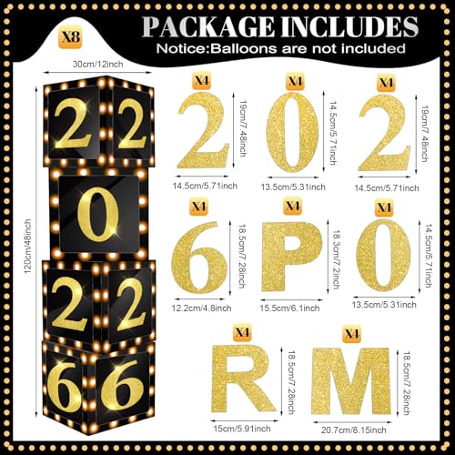 Sinmoe 8 Pcs 2026 Prom Graduation Boxes Decoration Photo Booth Border Lighting 12'' Column Standup with 2026 Prom Letters Graduation Props Backdrop Decor for Party Supplies(Black and Gold) - color: Black and Gold