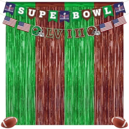 2 Pack Football Party Decorations, 3.28 FT x 6.58FT Tinsel Backdrop, Green Brown Foil Fringe Curtains Metallic Party Streamer, Football Party Supplies Game Day Decorations 2026 Birthday Party Supplies - color: Brown Green