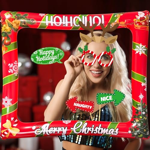 Christmas Photo Booth Props Inflatable Frame, 32Pcs Christmas Party Photo Booth Props with Inflatable Picture Frame Large for Xmas Holiday Party Selfie Supplies - color: Christmas