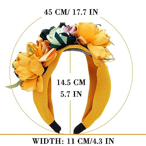 Flower Headbands for Women Boho Yellow Floral Headband Wide Autumn Wedding Hairband statement Hair Accessories(Yellow) - color: Yellow