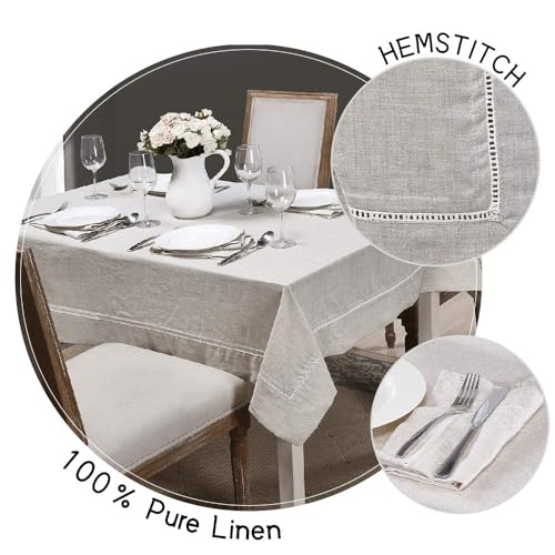 Simple&Opulence Premium 100% Linen Hemstitch Tablecloth-60 x 84 Inch Natural Linen, Natural Fabric, Rectangular Tablecloth for Indoor and Outdoor Use - color: Natural Linen, size: 60" x 84" (Rectangular)