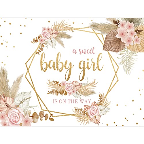 Boho Baby Girl Backdrop 8Wx6H Feet Polyester Fabric Baby Shower Blush Pink Floral Leaves Pampas Grass Gold Dots Pretty Decoration Decoration for Kid Photography Background Photo Shoot Props - color: 01Baby Shower, size: 8Wx6H