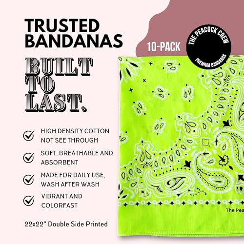 The Peacock Crew Premium Soft Cotton Bandanas Pack for Men and Women Paisley 22 x 22 inches - color: Pack of 10 Lime Green