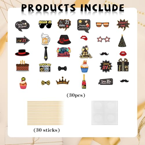 21st Anniversary Photo Booth Props, Happy 21st Birthday Selfie Props 21 Years Old Birthday Party Photography Props Favor Twenty Sign Centerpiece Sticks Decorations 30 PCS