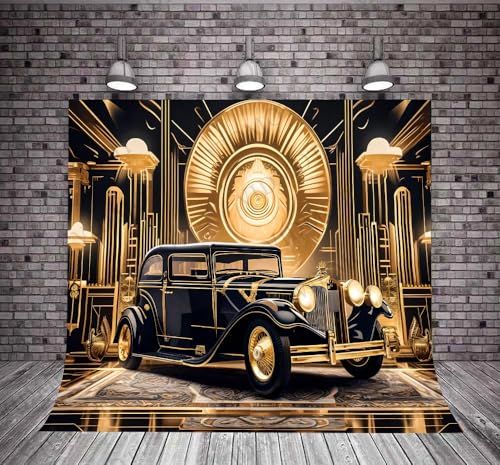 Roaring 20s Background 8x8ft Black Gold Retro Texture Background for 20's Prom Party Decor Portrait Photo Shoot 1920s Vintage Car Backdrop Photography Studio Set Props - size: 8x8FT