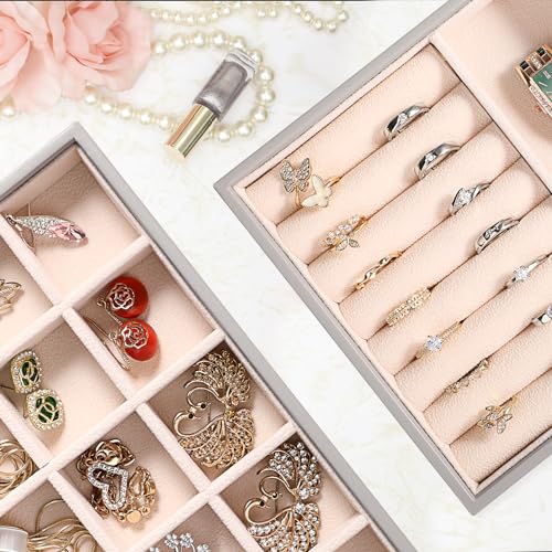 LANDICI Stackable Jewelry Organizer Trays 4 Set,PU Leather Jewelry Organizer Drawer,Jewelry Storage Display Tray for Earring Necklace Rings Bracelet with Removable Dividers,Grey - color: Grey