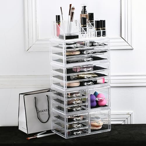 Ikee Design 5 Pcs Set Acrylic Makeup Organizer with 15 Drawers and Removable Top Lipstick Holders, Ideal for Make-up, Accessories,Enhance Your Vanity or Bathroom with Clear Design for Quick Visibility - color: 1d) 1 Top 15 Drawers