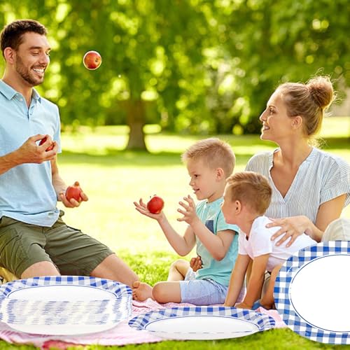 50Pcs Blue and White Gingham Oval Paper Plates 10" x 12" Large Blue Gingham Checkered Plaid Plates Disposable Heavy Duty Oktoberfest Plate for Oktoberfest Holiday Picnic BBQ Birthday Party Decorations - style: Blue Gingham Oval Plates
