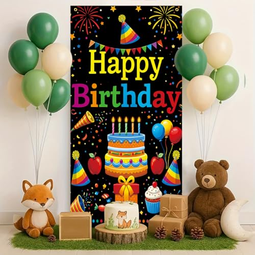 Happy Birthday Door Banner Backdrop (30 x 75 inches) - Colorful Party Porch Decoration, Birthday Celebration and Party Decoration - Birthday Hat Elements - color: multicolored#mf2602017
