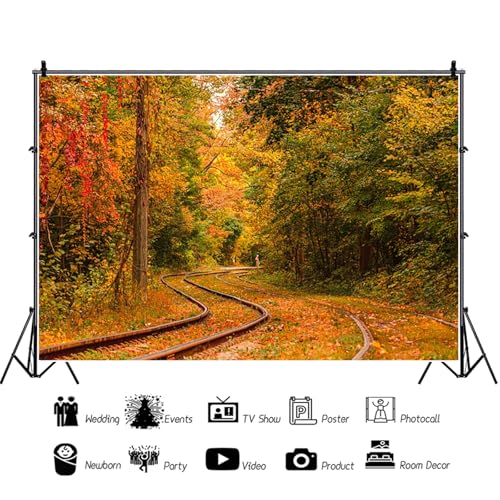 5x4ft Fall Backdrop Autumn Scenery Mountain Railway Photography Background Tree and Yellow Fall Leaves View Decorations Portraits Supplies Wallpaper Photo Studio Props - color: Dark-yellow, size: 5x4ft