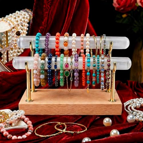 Selenite Charging Plate, Selenite Bracelet Holder Stand, Crystal Bracelet Holder, Unique Gifts For Crystal Lovers,Jewelry Wrap Watch Organizer Holder With Wooden Base For Bangles Charging Cleansing