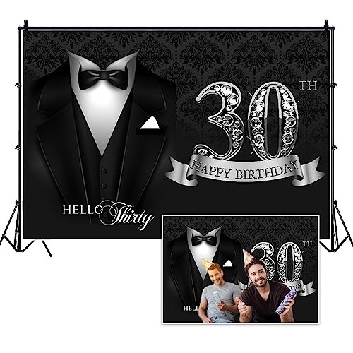 5x3ft Hello Thirty Tuxedo Backdrop Gentleman Black Necktie Suit Tuxedo Diamonds Silver 30th Happy Birthday Photography Background for Man 30th Birthday Party Decor Cake Table Banner - color: black silver 30, size: 5x3ft