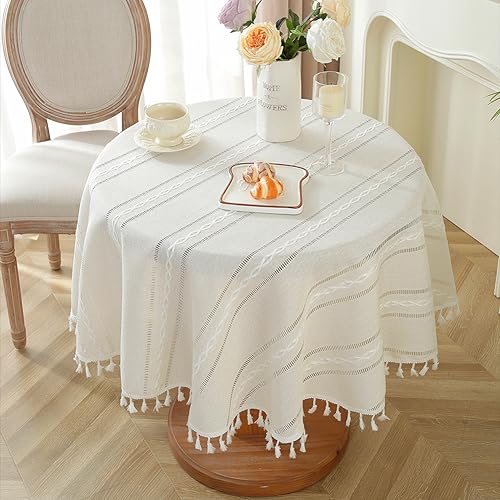 meioro Rustic Table Cloth, White Round 55" Textured Cotton Linen Fabric Tablecloth with Tassel, Heavy Duty Farmhouse Table Cover Embroidery Stripe Round Tablecloths for Dinning Wedding Party - color: White, size: 55" (Round)