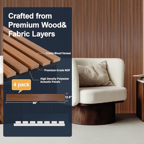NeatiEase Wood Panels for Wall, 4-Piece 96" x 12.6" Soundproof Wood Slat Wall Panel for Interior Wall Decor Noise Cancelling, Acoustic Wall Panels, Sound Absorbing Panel (Teak) - color: Teak, size: 96" x 12.6"