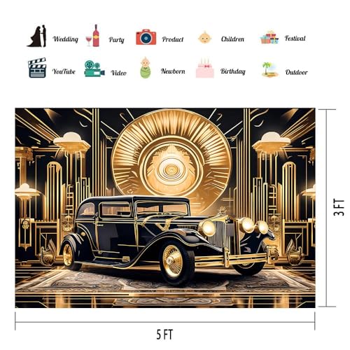 Roaring 20s Background 5x3ft Black Gold Retro Texture Background for 20's Prom Party Decor Portrait Photo Shoot 1920s Vintage Car Backdrop Photography Studio Set Props - size: 5x3FT