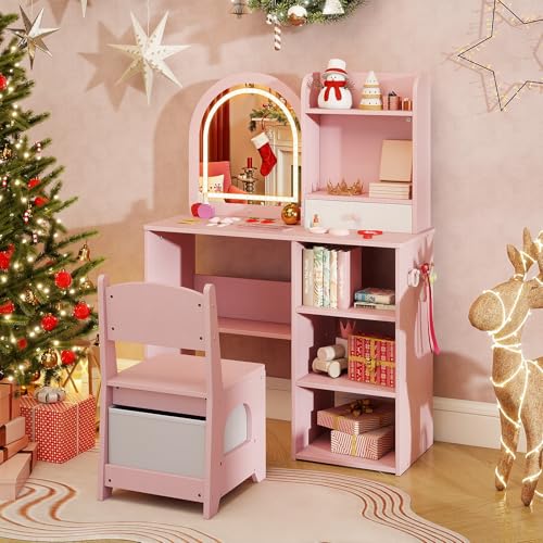 Costzon Kids Vanity with Lights, Girls Vanity Set with Mirror, Storage Drawer, Hooks & Shelves, Toddler Makeup Vanity Desk Dressing Table, Wooden Kids Vanity Table and Chair Set (Pink) - style: Pink with Open Shelves