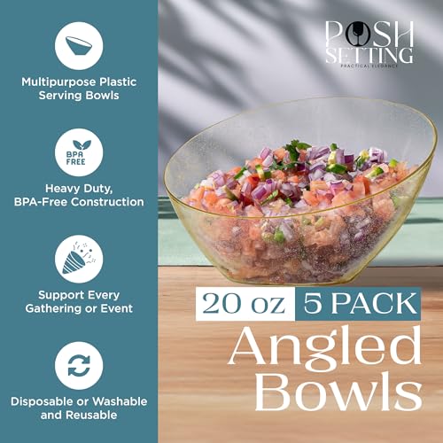 Posh Setting - Gold Plastic Serving Bowls for Party Angled Bowls Disposable Chip Bowls Candy Bowls for Party Table Salad and Fruit Bowls for Wedding Serving Bowls - Gold Glitter, 20 OZ, 5 Pack - color: Gold Glitter, size: Medium 20 OZ