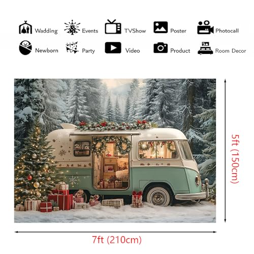AIBIIN 7x5ft Winter Christmas Camper Backdrop Holiday Wonderland Decorations Snowy Forest Christmas Van Photo Background with Christmas Tree, Gifts, Snowflakes and Garland - color: Camper Van, size: 7x5ft
