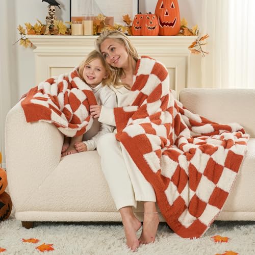 Snuggle Sac Orange Throw Blanket for Fall,Soft Twin Size Fall Checkered Blanket for Couch, Cozy Faux Fur Knit Microfiber Blankets for Sofa, Bed, Orange Checker,60x80 inches - color: Orange White, size: Twin(60"x80")