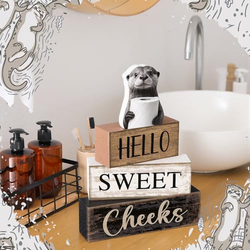 Moucuny 4 Pcs Otter Bathroom Decor Set Farmhouse Bathroom Decor and Accessories Rustic Hello Sweet Cheeks Wooden Blocks Signs with Toilet Paper Funny Toilet Shelf Decoration for Home Office Half Bath - style: Bathroom Otter