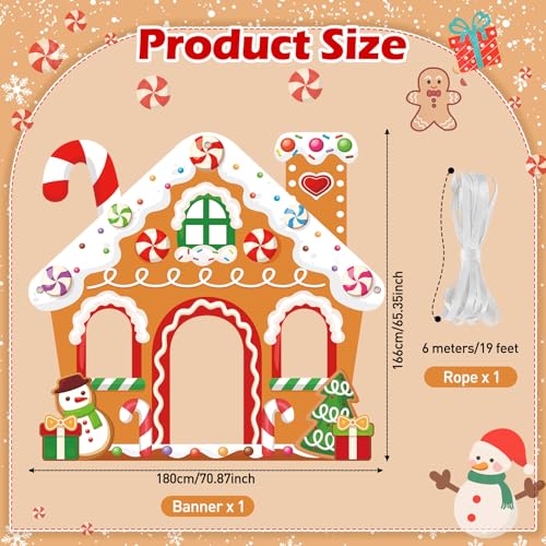 WovWeave Large Christmas Party Decorations Christmas Gingerbread House Photo Booth Props Selfie Frame Fabric Backdrop Xmas Tree Snowman Candy Background for Xmas Winter Holiday Decor 71 x 65 Inch - style: Gingerbread House