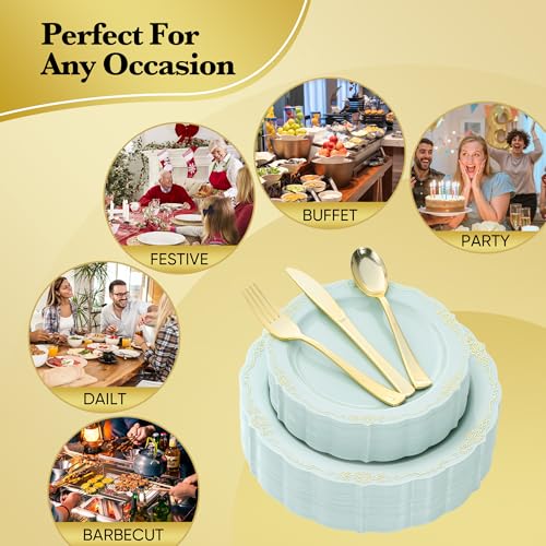 Fijinhom175 PCS Green Disposable Plates, Elegant Dinnerware Set for 25 Guests, 50 Plastic Plates, 75 Silverware, 25 Cups & 25 Paper Napkins, Green - color: Green Gold Pattern, size: 25 Guests-175pcs