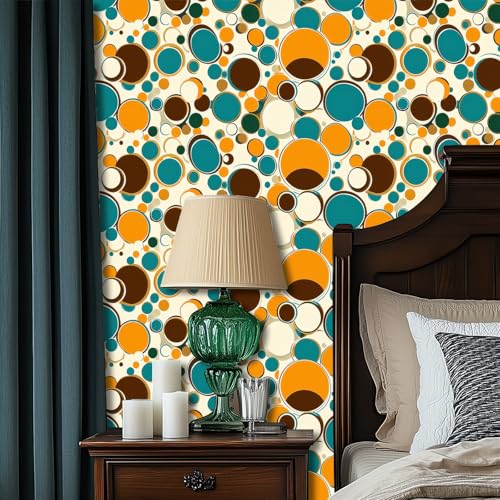 HOMETITUTE Retro Polka Dot Orange Blue Circles Wallpaper Peel and Stick Contact Paper Wall Paper Stick 17.7" x 118.1" Self Adhesive Removable Vinyl Wall Covering Bedroom Kitchen Bathroom Home Decor - color: Retro Orange Blue Circles