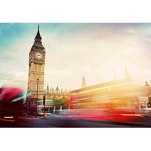 wall26 - London, The UK. Red Buses in Motion and Big Ben - Removable Wall Mural | Self-Adhesive Large Wallpaper - 66x96 inches - color: Artwork - 23, size: 66"x96"