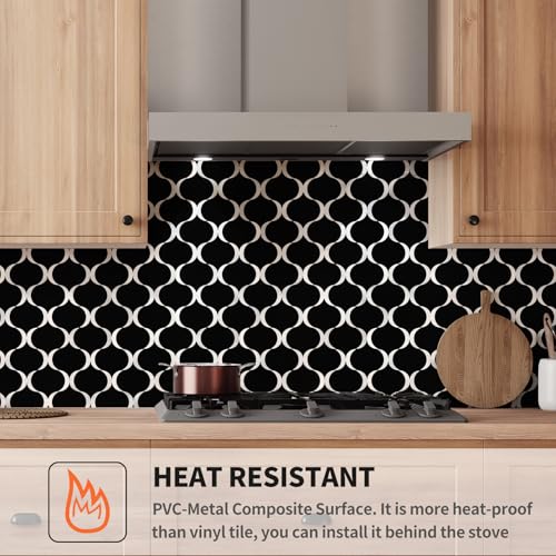 10 Sheet Arabesque Peel and Stick Backsplash Tile, Stick on Backsplash for Kitchen and Bathroom Wall, Glossy Black Look PVC Mixed Metal Aluminum - color: Glossy Black Mixed Metal Silver
