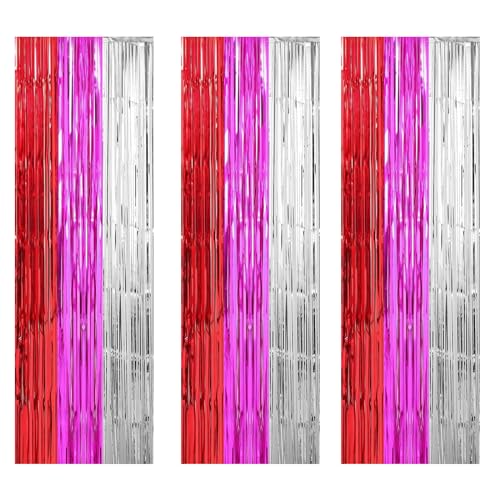 Valentine's Day Photo Booth Props Valentines Party Decorations Red Hot Pink Sliver Foil Fringe Curtain Photo Backdrop for Valentines Day Bridal Shower Pink Birthday 21st Decor 3 Pack,9.9x19.8ft