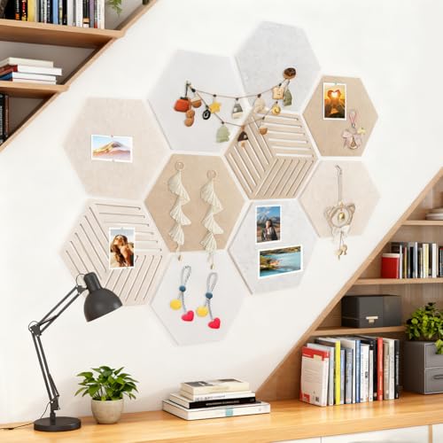 10 Pack Hexagon Cork Board Tiles, Self-Adhesive Felt Bulletin for Wall Decor(12x10inch) with 100 Push Pins, Decorative Hexagon Corkboard for Office Classroom Home Wall Decor