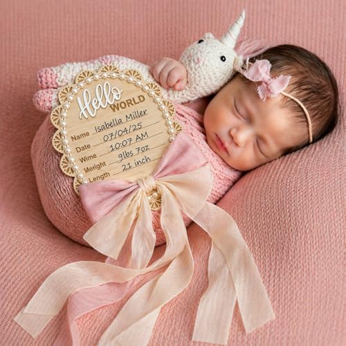 Wonhibo Pearl & Bow Newborn Announcement Sign - Baby Hospital Photo Prop Wooden Name Board Card for Birth Welcome Hello World for Girls - color: Purple Cream Bow